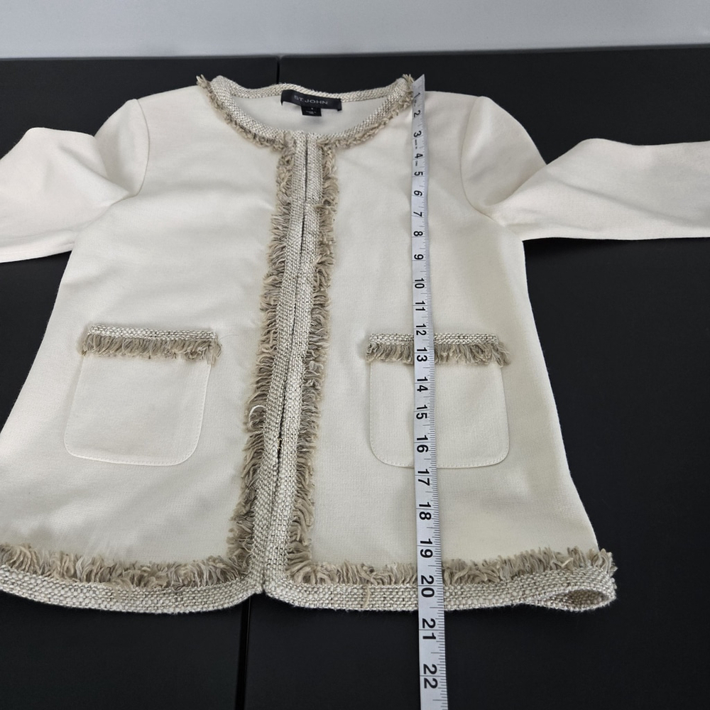 St John Womens Fringe Santana Knit Jacket Size 2 Cream Wool Old Money Preppy - Picture 8 of 9